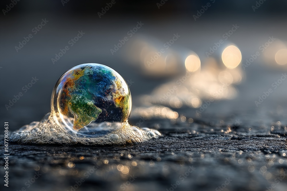 Poster Bubble reflecting Earth on wet surface during twilight with soft blurred background lights