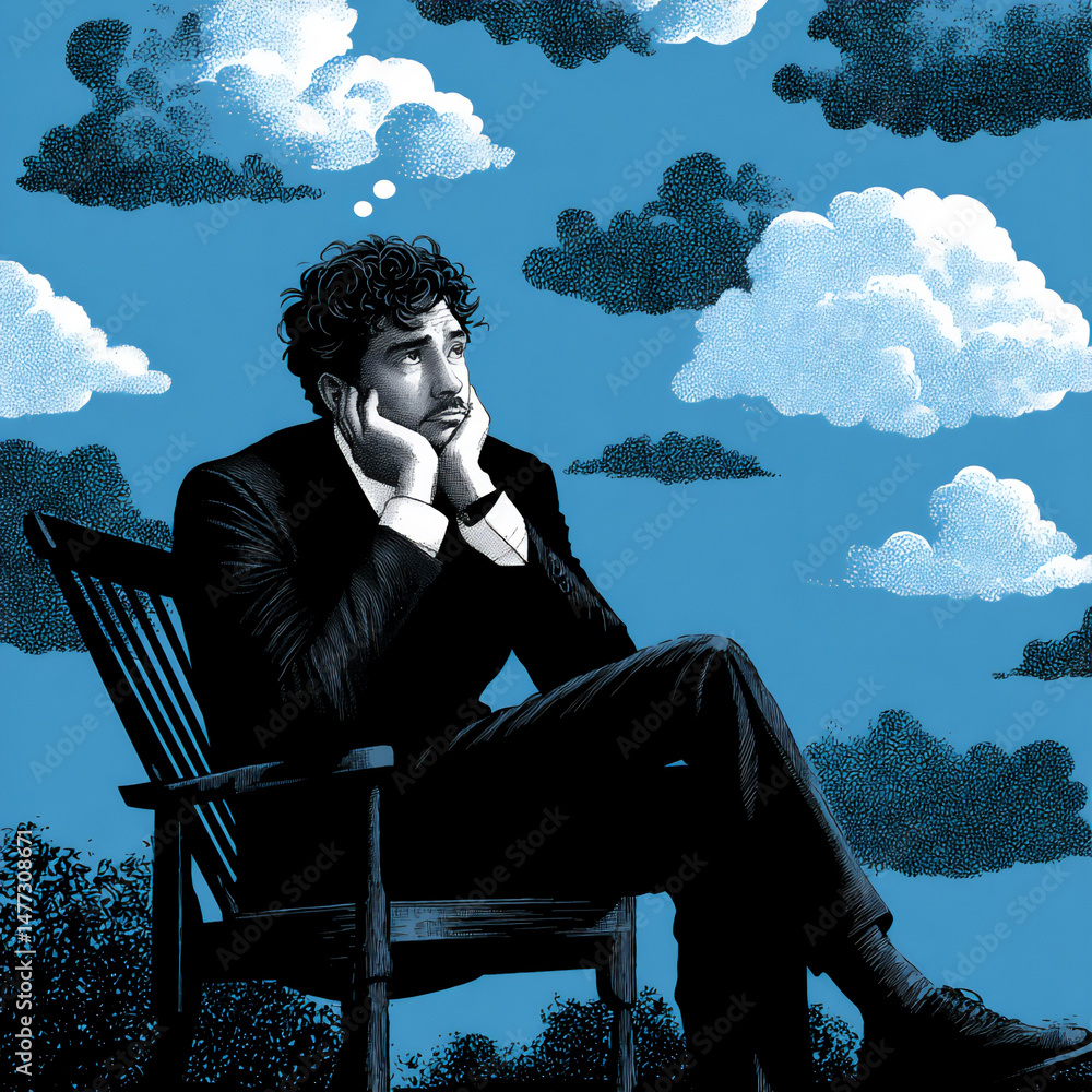 Poster an illustration of a businessman with a thought bubble filled with icons of data encryption and secu