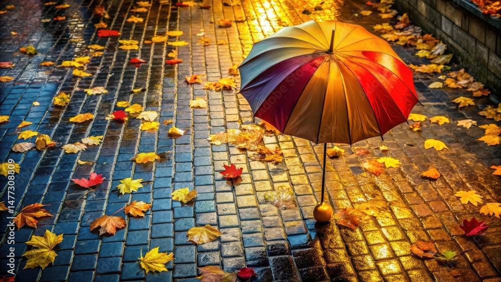 Poster autumnal ambiance a colorful umbrella rests on a wet cobblestone path adorned with fallen leaves und