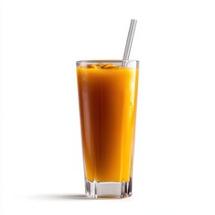 Refreshing golden smoothie in a tall glass with ice cubes and a straw
