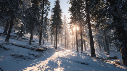 snowy forest with morning light