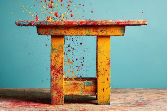 Colorful splashes of paint erupt from a yellow table against a blue background during an art activity