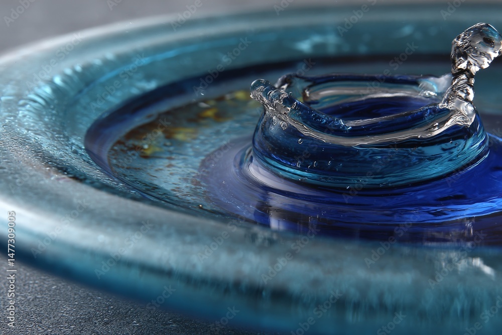 Aufkleber Droplet creating ripple effect on blue glass surface with artistic reflections and textures during bright daylight