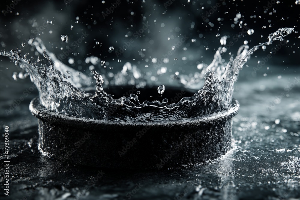 Poster Water splash captured in dark ambiance with textured surface in a dramatic display of motion and light