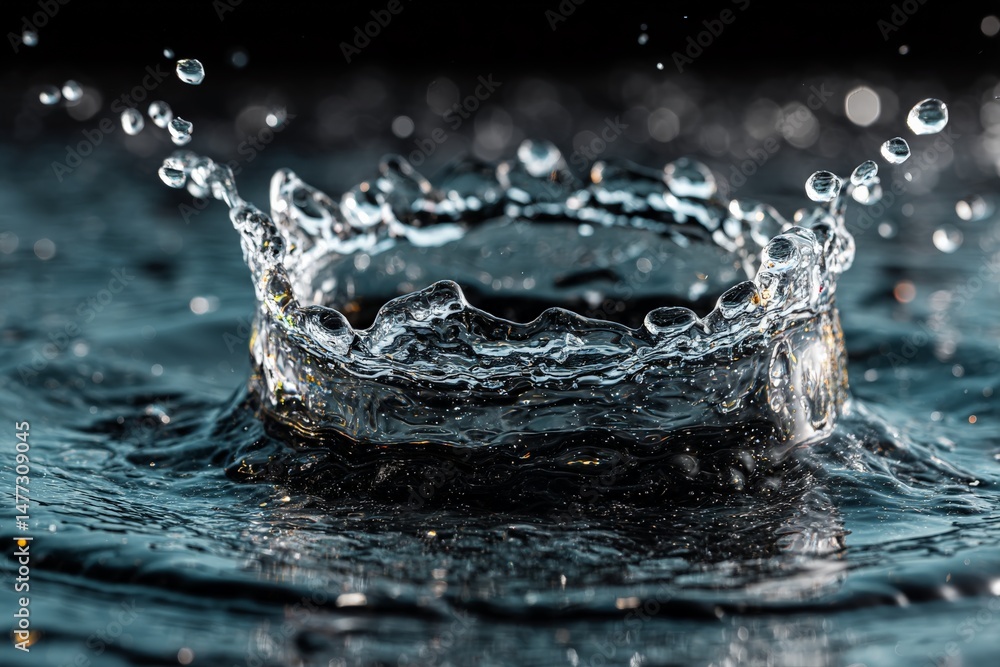Poster Water droplet creates splash in dark setting during evening hours capturing dynamic motion and reflections