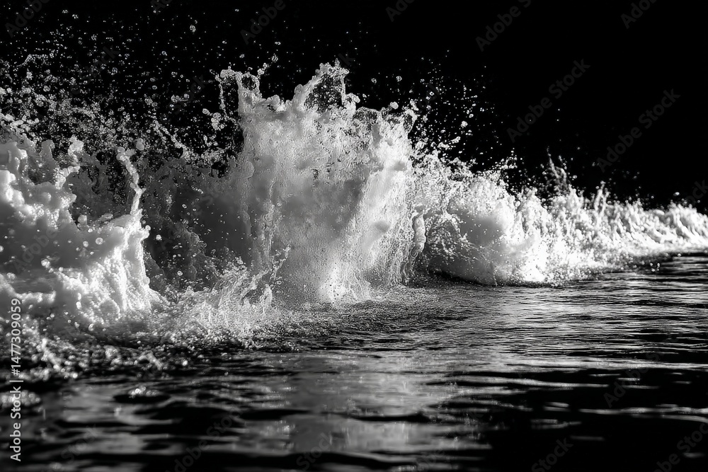 Poster waves crashing against the shore create a dramatic display of water and light during sunset on a qui