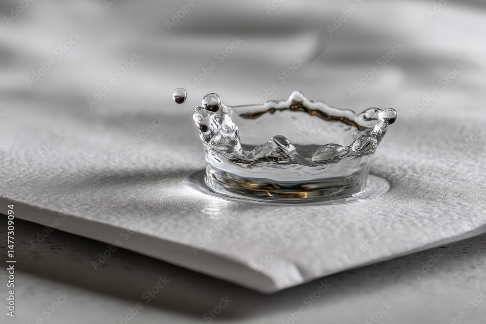 Poster capture of water droplet hitting surface and creating splash with perfect crown shape
