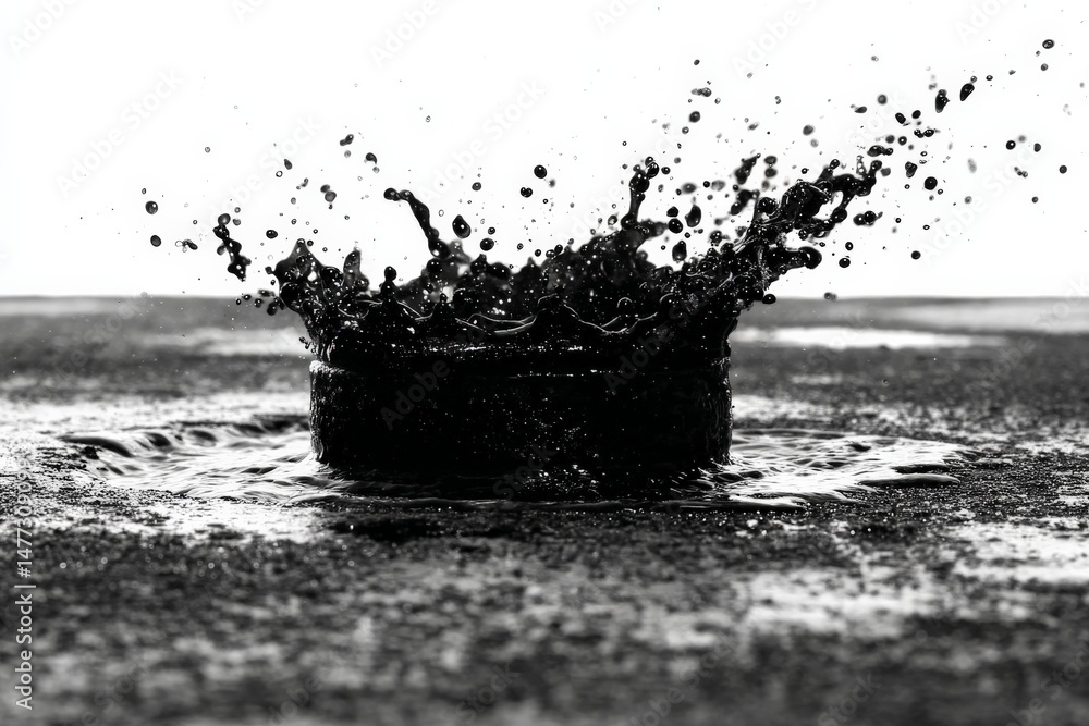 Poster Black liquid splashes dramatically on a surface creating ripples and a striking contrast against a light background