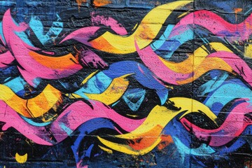 Fototapeta na wymiar Colorful Waves Mural on Brick Wall Close Up Abstract Art Urban Scene Vibrant Colors Artistic Expression