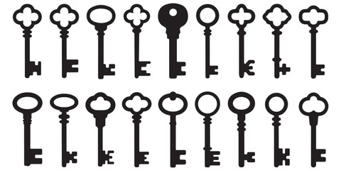 Collection of black vector various Keys Silhouettes, 