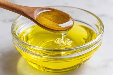 Golden olive oil in a glass bowl with a wooden spoon ready for cooking or dressing