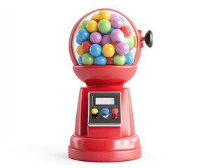 Colorful gumball machine, filled with assorted candies, sits on a pedestal.  Features a control panel and a transparent dome