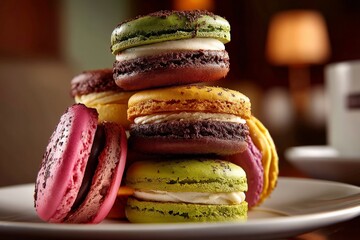 Colorful French macarons stacked on a plate in a cozy cafe setting
