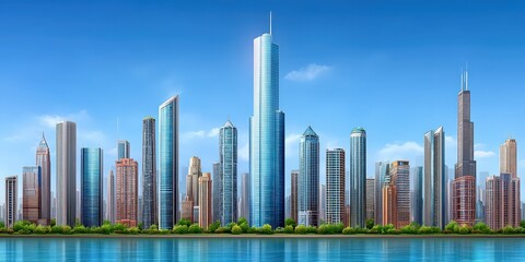 Naklejka premium Skyscrapers in a modern urban skyline reflecting bright daylight over a tranquil waterfront showcasing architectural diversity and innovative design with a vibrant city atmosphere