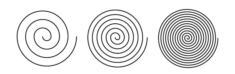 Spiral icons with varying line thickness PNG. Optical illusion elements, hypnotic whirl, tornado shapes. Vector symbols for motion, dizziness, dynamic design.