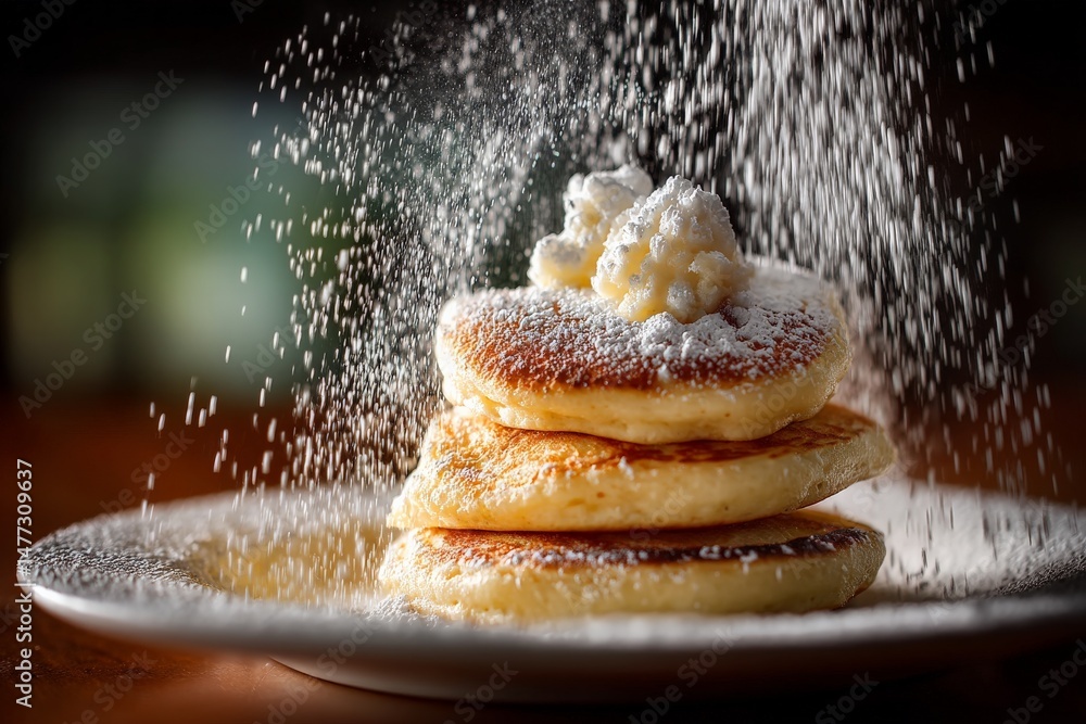 Poster fluffy pancakes topped with butter and powdered sugar served on a plate in a cozy breakfast setting