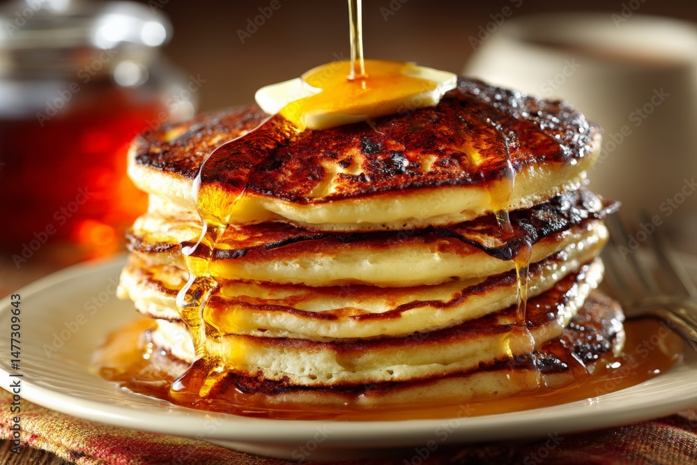 Poster delicious stack of fluffy pancakes topped with butter and syrup served for breakfast in a cozy setti