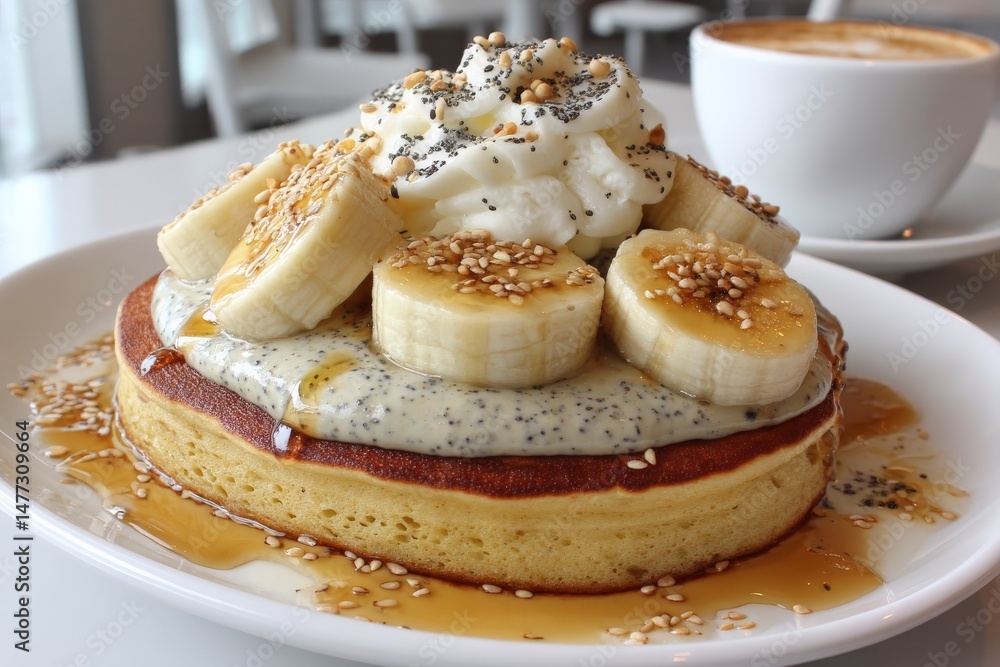 Poster delicious pancake topped with bananas and cream served in a cozy cafe setting during brunch hours
