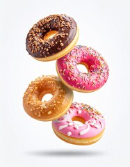 Hyper Realistic flying chocolate, white, magenta donuts and crunch particle insid 