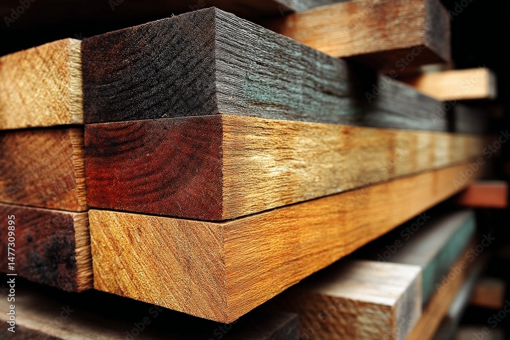 Poster Close-up view of stacked wooden planks showcasing various textures and colors in a construction setting