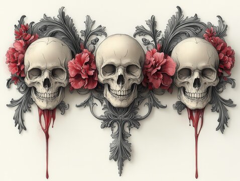 Gothic-style ribbon with intense floral patterns and skull detail, dripping effect, engraved style, symbol of awareness, badge, clip art, decorative graphic element - Powered by Adobe