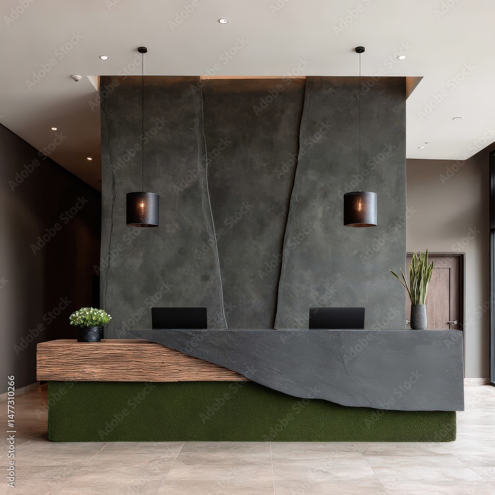 Poster modern hotel reception featuring natural stone elements with lush greenery and contemporary lighting