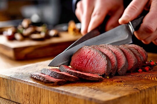 Masterful slicing of perfectly cooked roast beef on a wooden cutting board in a cozy kitchen setting