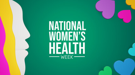 National Women’s Health Week 3D Illustration—Colorful Silhouettes and Heart Icons on Green Background