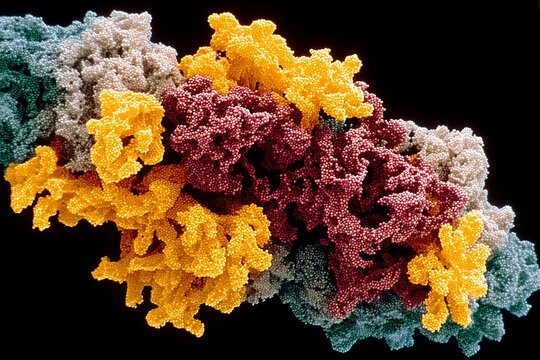 Colorful representation of protein structures under microscopic view displaying intricate details of biological molecules