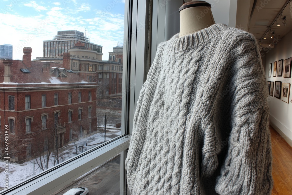 Poster cozy grey sweater displayed at an art gallery with a winter cityscape in the background complementin