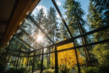 Sunlight shines through glass walls in a cozy forest cafe surrounded by tall trees and vibrant autumn foliage