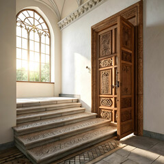 3D render of a door with steps in a bright room, symbolizing opportunity.