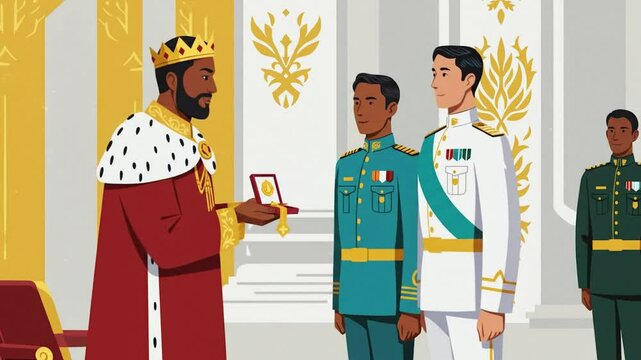 King bestows medal on uniformed officers in regal ceremony illustration.
