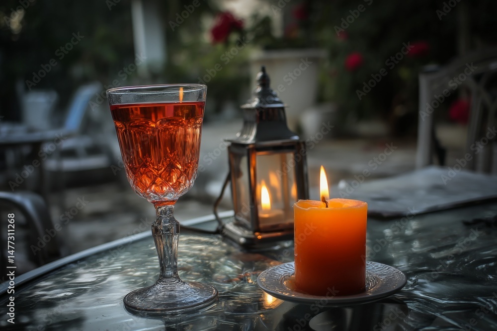 Poster glass of drink with warm candlelight creating a cozy ambiance on a table in the evening garden setti