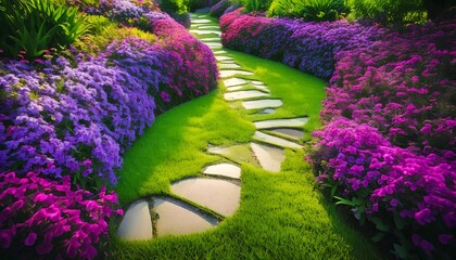The purple flowers in the garden are next to a path decorated with green grass beside it