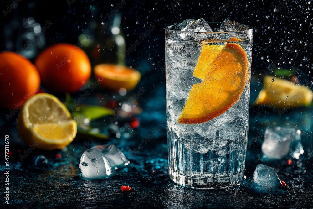 Poster refreshing drink with citrus slices and ice on a dark surface during a vibrant cocktail preparation