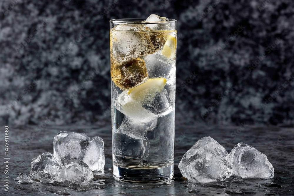 Aufkleber refreshing glass of cold beverage with ice and lemon at a rustic background enhancing the drink's ap