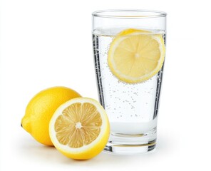 Refreshing lemon water in glass.  A glass of sparkling water with a lemon slice, alongside whole and halved lemons