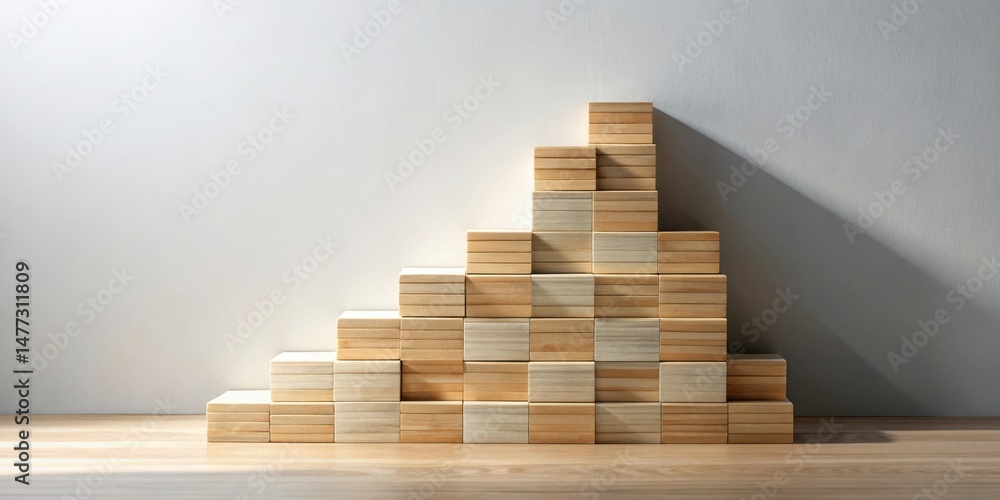 Poster ascending wooden blocks forming a pyramid shape on a table against a light wall