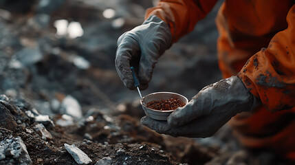 Miner Examining Sample in Rough Terrain