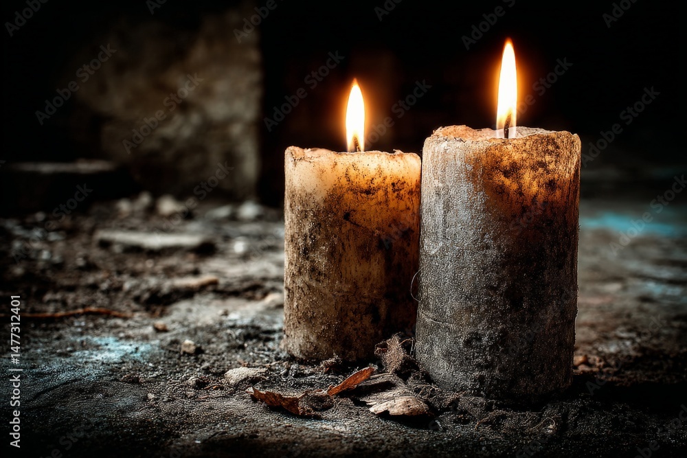 Aufkleber candles flicker in the dark, illuminating a dusty space filled with leaves and remnants of time