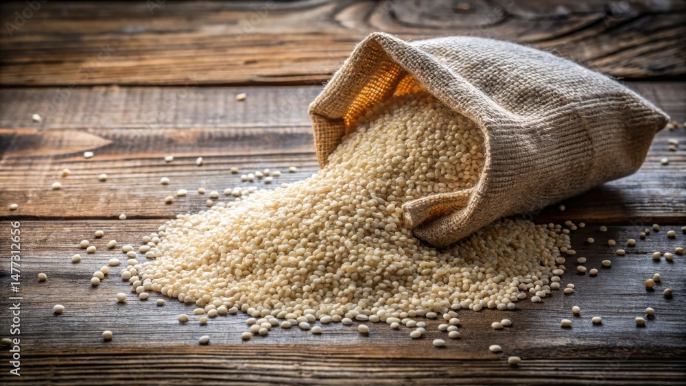 Poster a burlap sack overflowing with uncooked grain spills onto a rustic wooden surface