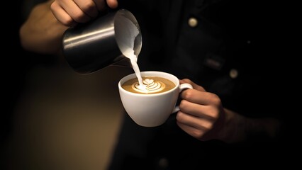 Pouring latte art cozy indoor  culinary craft close-up warm beverage creation inviting atmosphere artisan technique