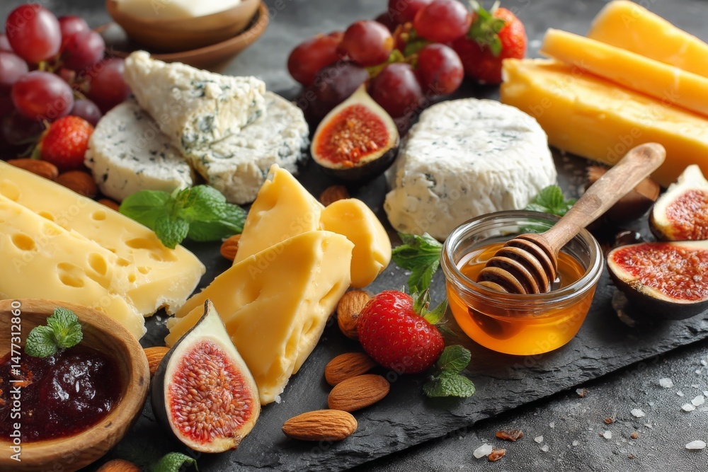 Poster cheese and fruit platter with honey and nuts displayed on a slate board in a cozy setting