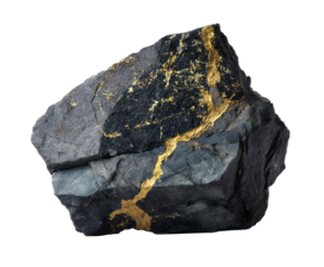 Unique black rock with golden veins for decoration and design on a transparent background, cut out