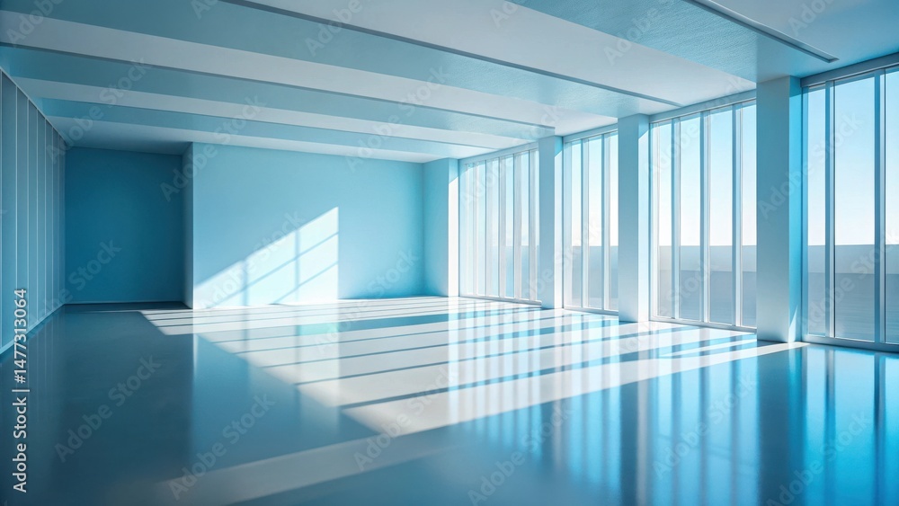 Poster Serene Minimalist Office Space with Expansive Windows and Sunlight Reflections