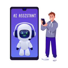 Man speaking with ai robotic assistant on smartphone screen, online chat bot conversation service vector illustration