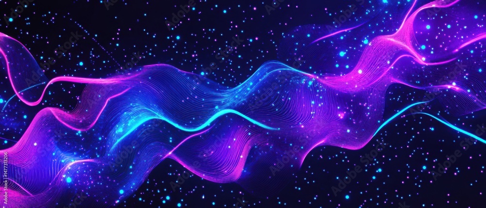 Poster abstract neon waveforms and glowing particles floating in dark space digital illustration