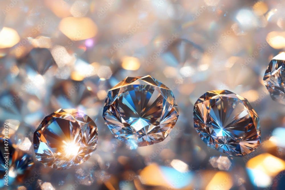Poster sparkling diamonds close up shot on abstract background with bokeh lights and reflections for luxury