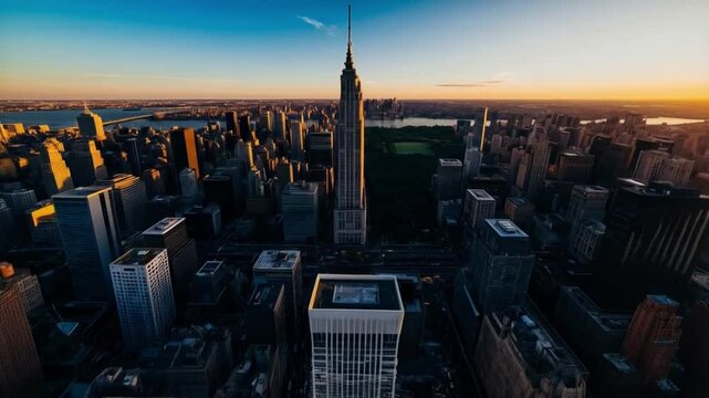 areal view sunset over the city with tall buildings